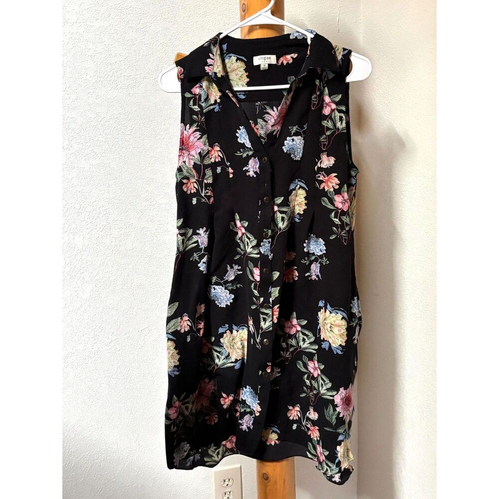 Umgee Black Floral Sleeveless Button Front Tunic Top Dress Boho Medium M